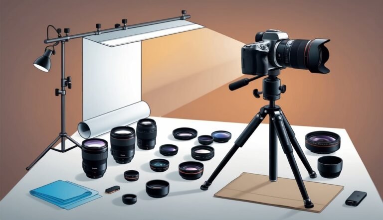 Camera on tripod with lenses, lighting, and backdrop on a table
