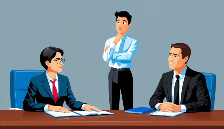 Three business people in suits at a table, one standing and thinking