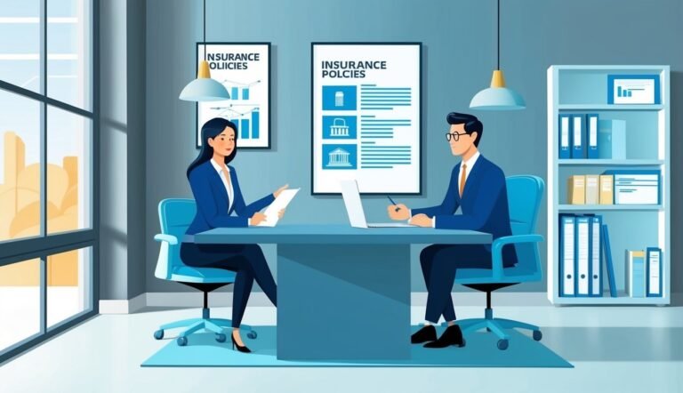 Two people in suits discussing insurance policies in an office