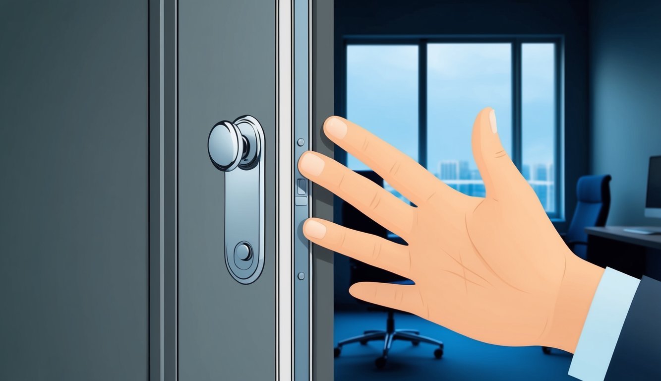 A person's hand placed on a closed office door, with a hesitant expression on their face.</p><p>The office is dimly lit, with a desk and chair visible inside