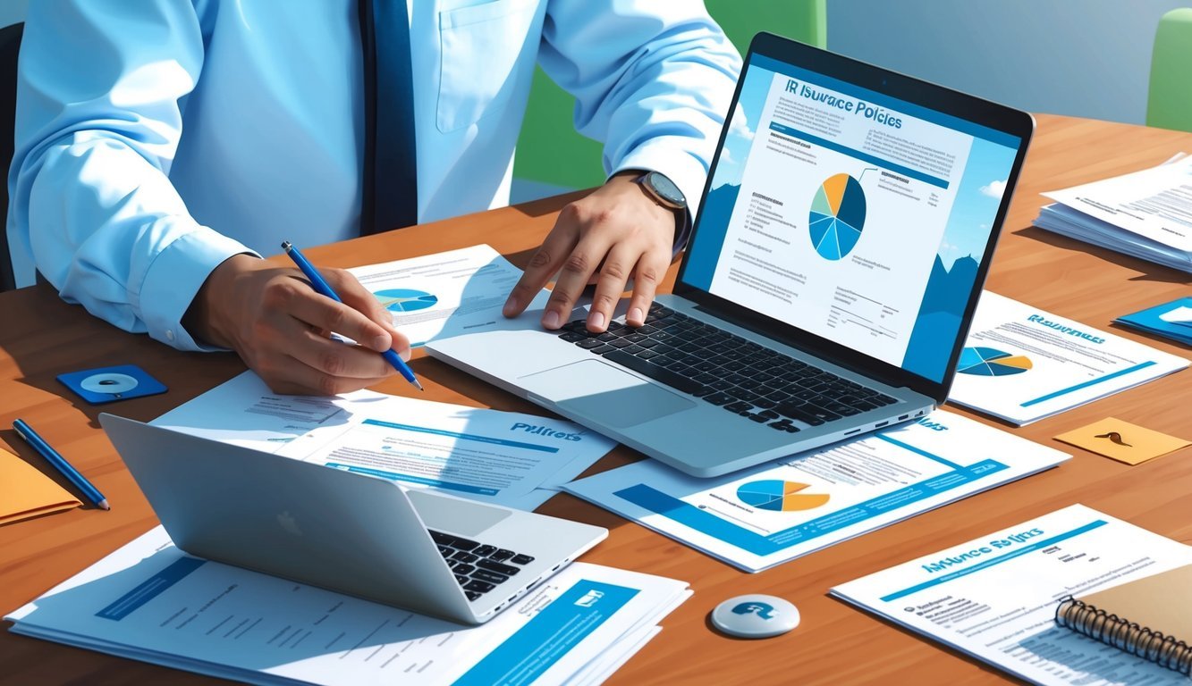 An HR consultant reviewing insurance policies at a desk with a laptop, surrounded by paperwork and insurance documents