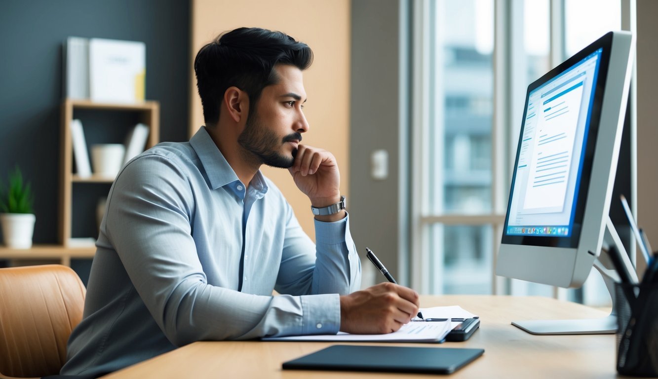 A person sitting at a desk, looking at a computer screen with a thoughtful expression, while holding a pen and paper