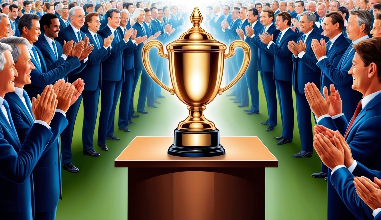 Golden trophy on a table, applauded by a crowd of men in suits
