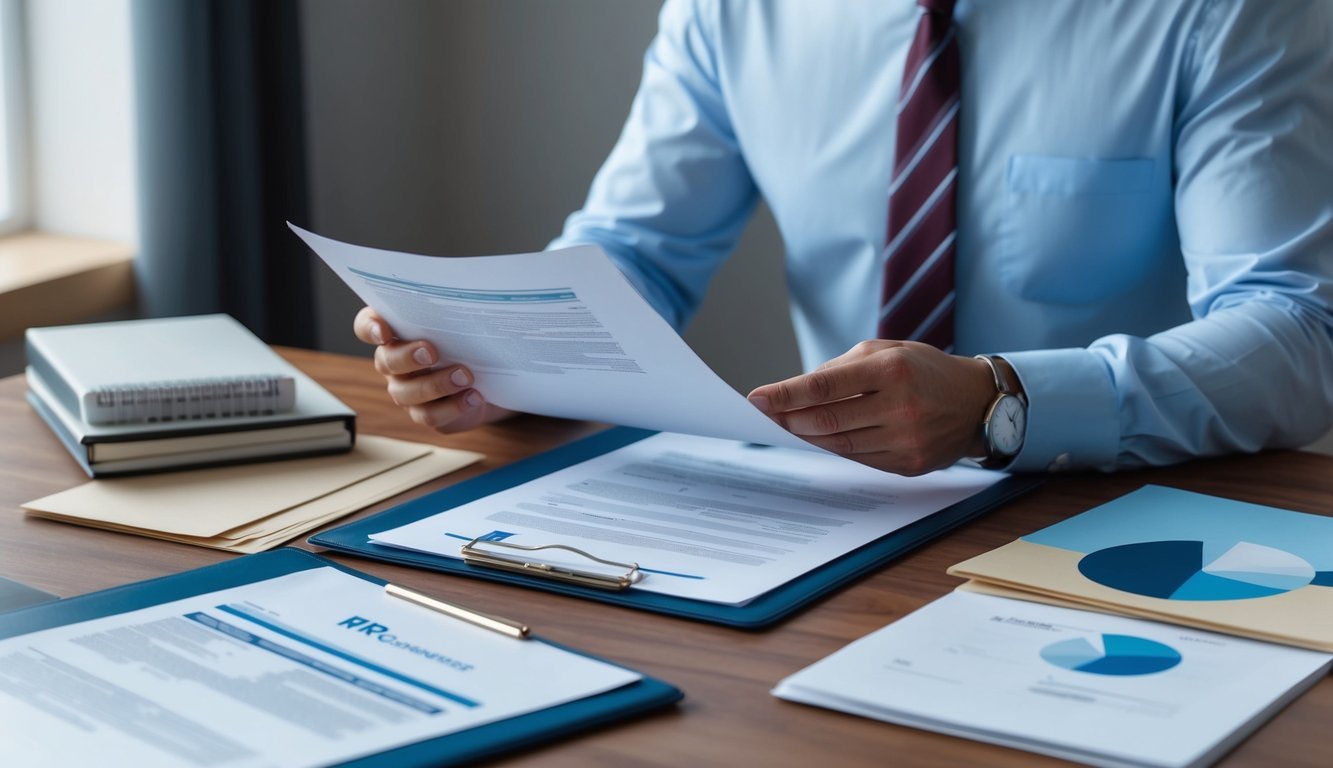 An HR consultant reviewing legal and financial documents with insurance paperwork on a desk