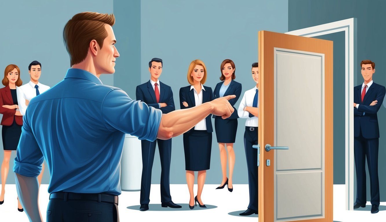 A manager standing before their team, gesturing towards an open door, with a look of determination and sincerity on their face