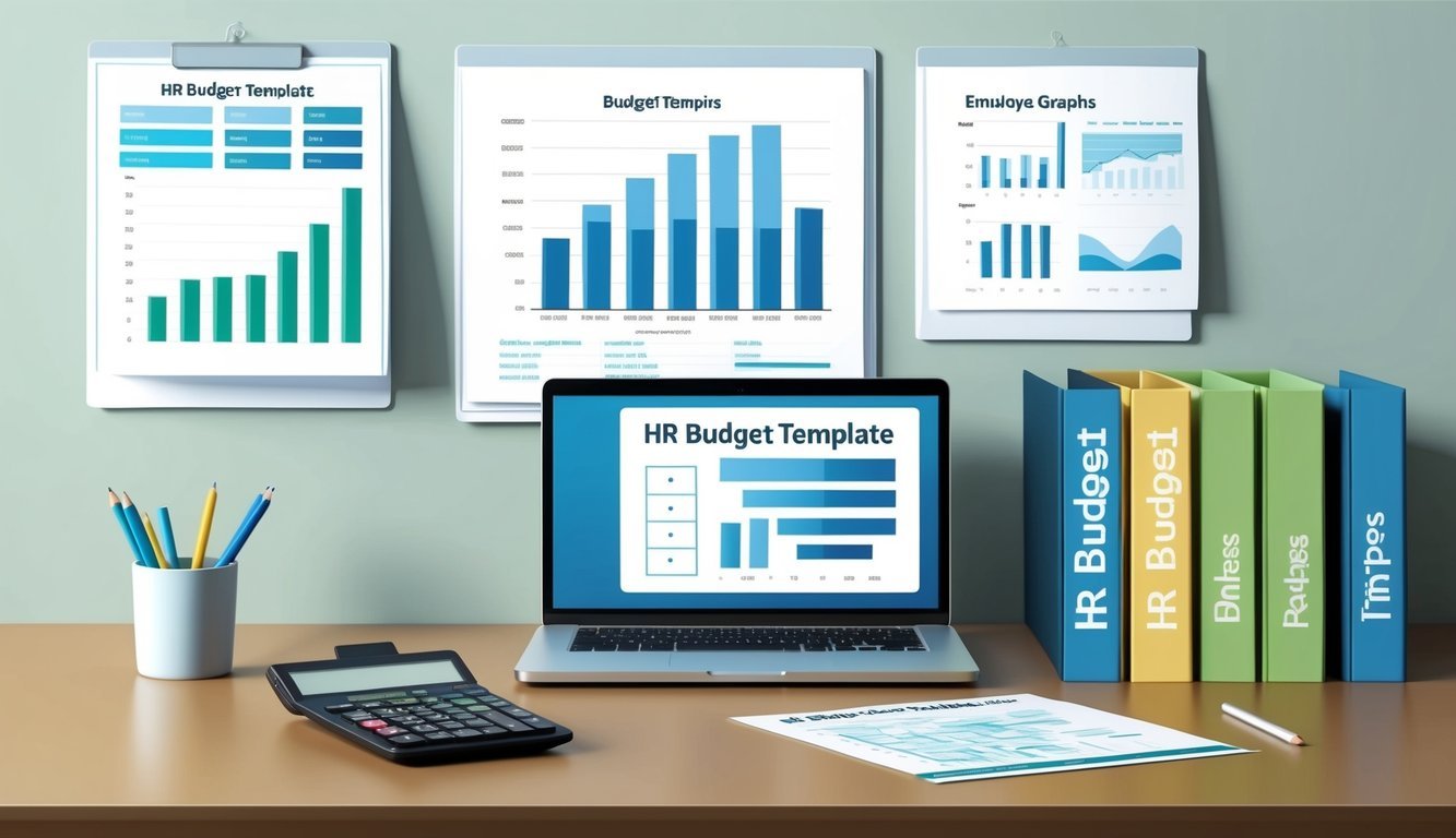 A desk with a laptop, calculator, and spreadsheet.</p><p>Charts and graphs on the wall.</p><p>Files and folders labeled "HR Budget Template" on the desk