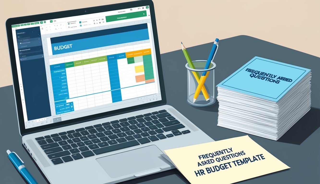 A desk with a laptop, pen, and paper.</p><p>A budget spreadsheet is open on the screen.</p><p>A stack of papers labeled "Frequently Asked Questions Hr budget template" sits next to the laptop