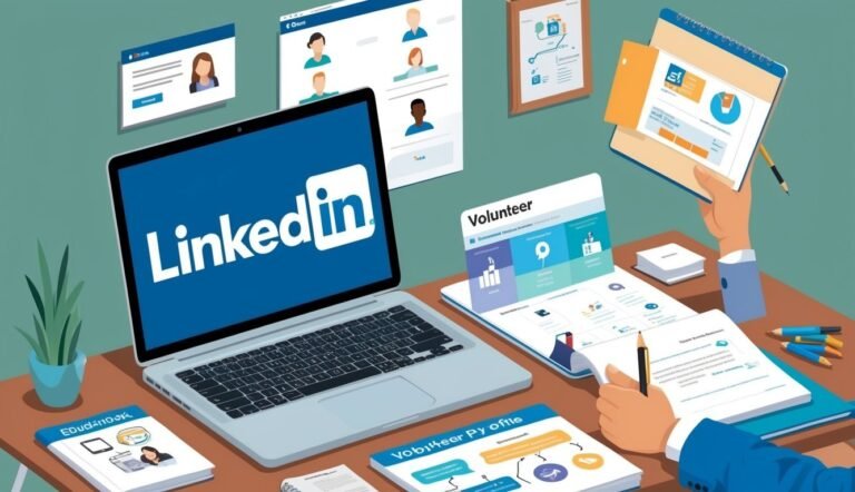 Laptop with LinkedIn logo, documents, and hand holding a calendar