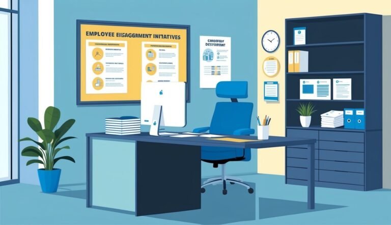Office interior with desk, computer, chair, and employee engagement initiatives