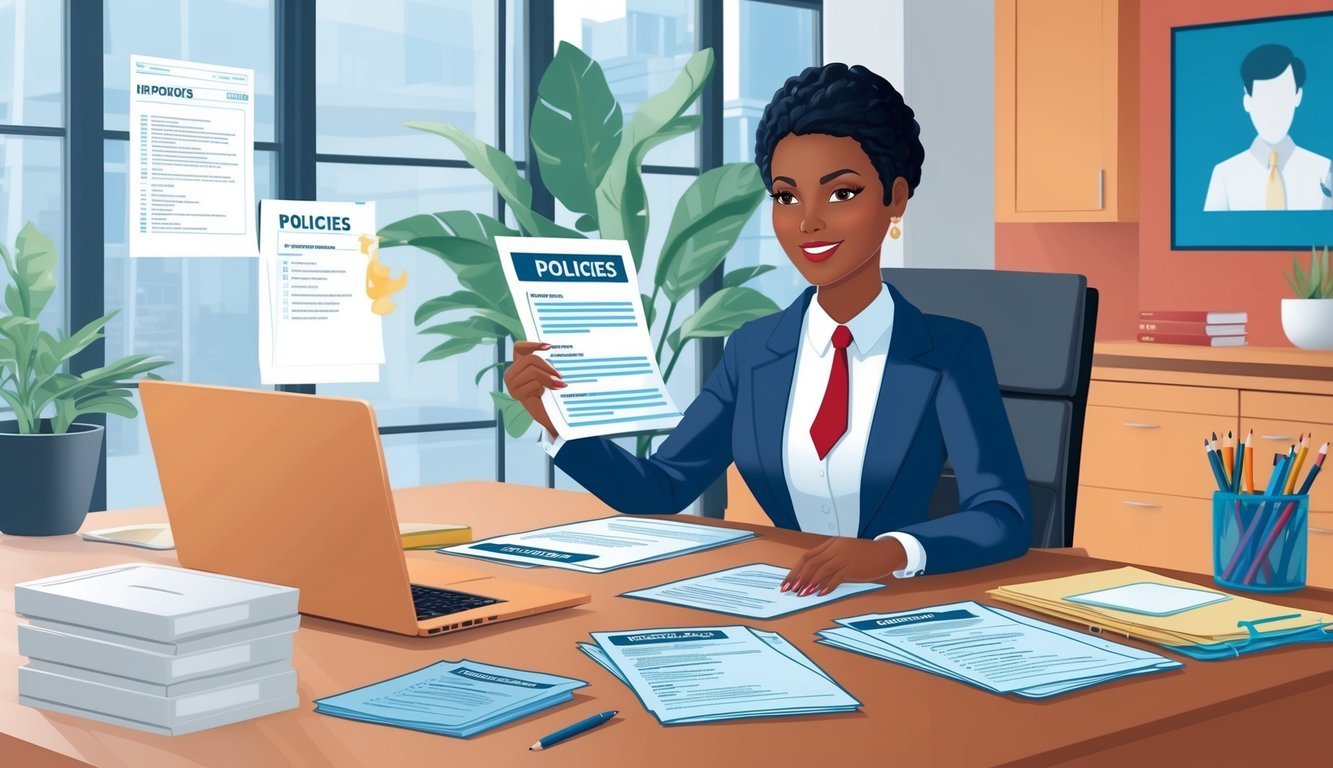 An HR professional reviewing company policies and employee records in a modern office setting