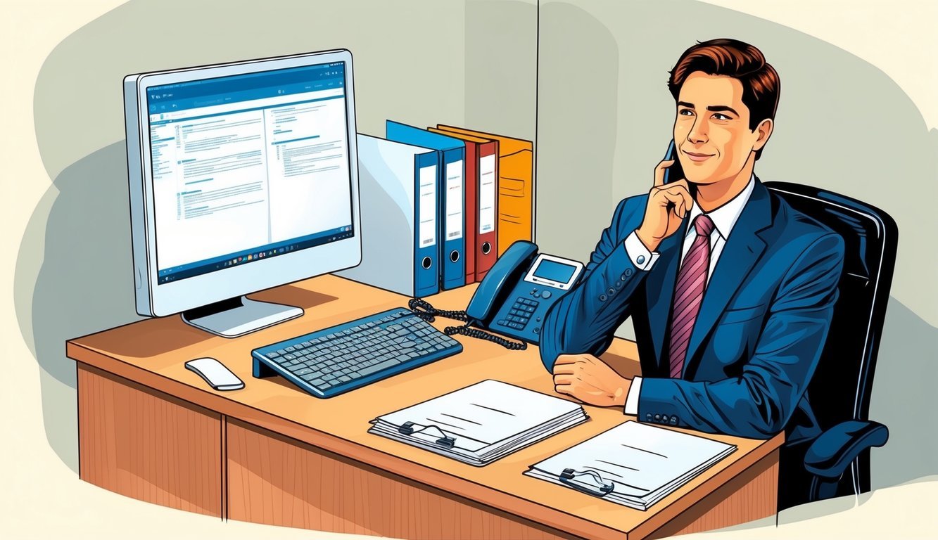 An office desk with a computer, files, and a phone.</p><p>A person in business attire sitting at the desk with a thoughtful expression