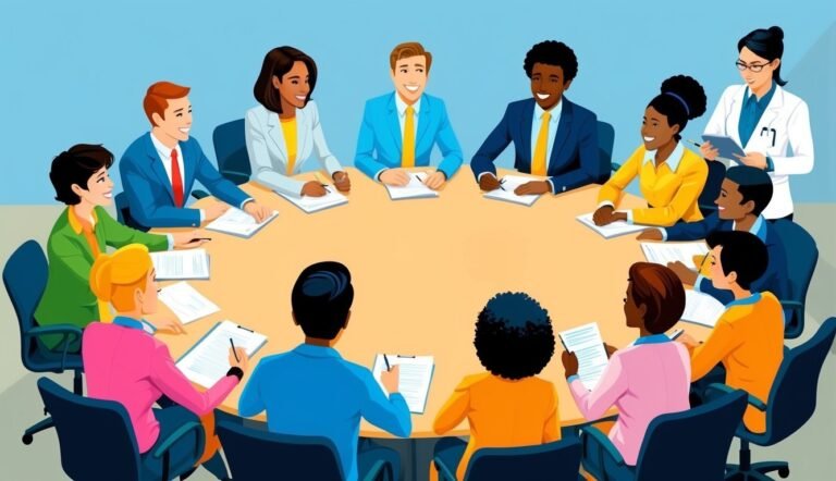 Diverse group of people in business attire at a round table meeting