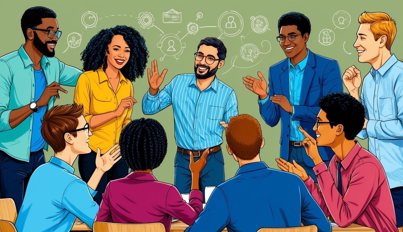 Diverse group of people in a meeting, discussing ideas, with diagrams in background