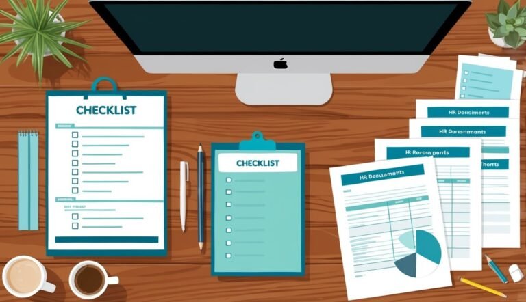 Desk with checklists, documents, computer, coffee, and plants