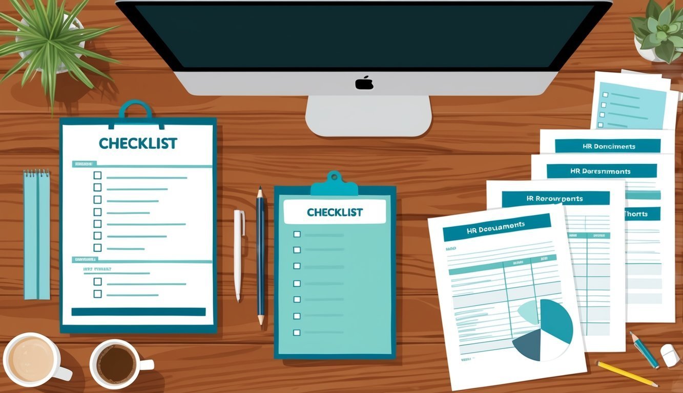 Desk with checklists, documents, computer, coffee, and plants