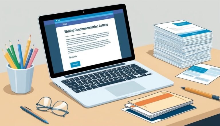 Laptop with "Writing Recommendation Letters" on screen, papers, pencils, and glasses