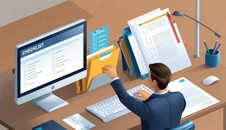 Man working at desk with computer, checklist, and paperwork