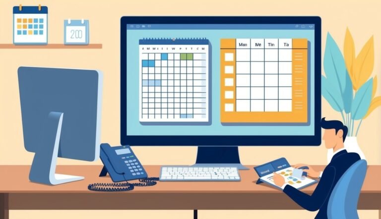 Man working at desk with computer, calendars, and planner
