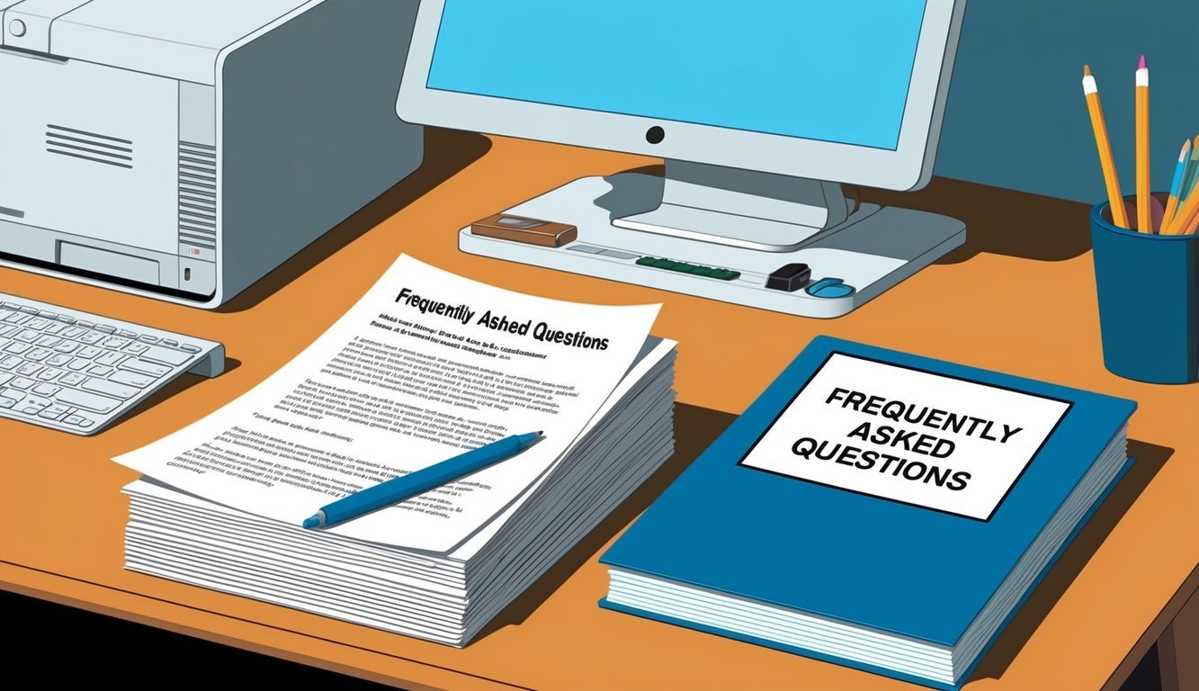 A desk with a computer, a stack of papers, and a "Frequently Asked Questions" document open