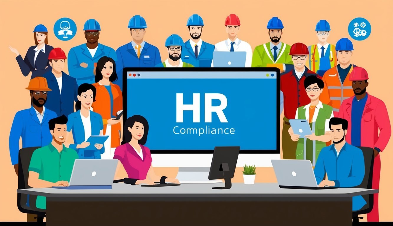 A diverse group of workers in various industries using HR compliance software