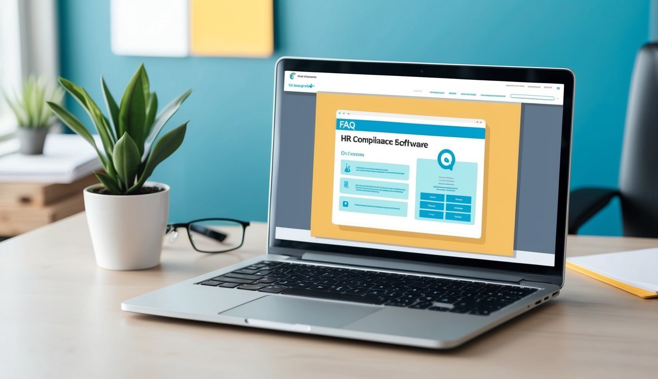 A laptop displaying a FAQ page for HR compliance software, with a desk chair and potted plant in the background