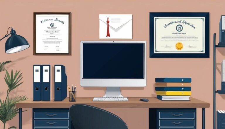 Desk with computer, diplomas, and office supplies