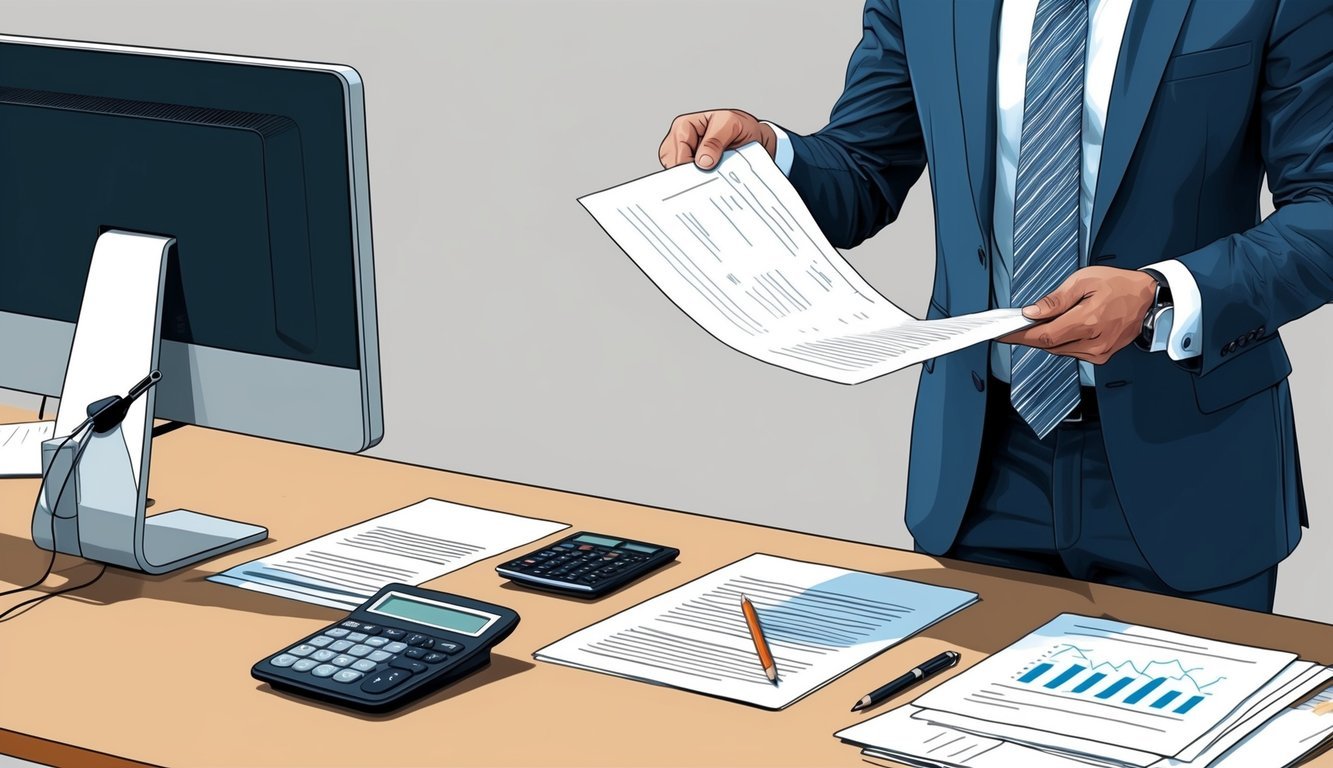 A desk with a computer, calculator, and paperwork.</p><p>A person in a suit standing at the desk, flipping through papers