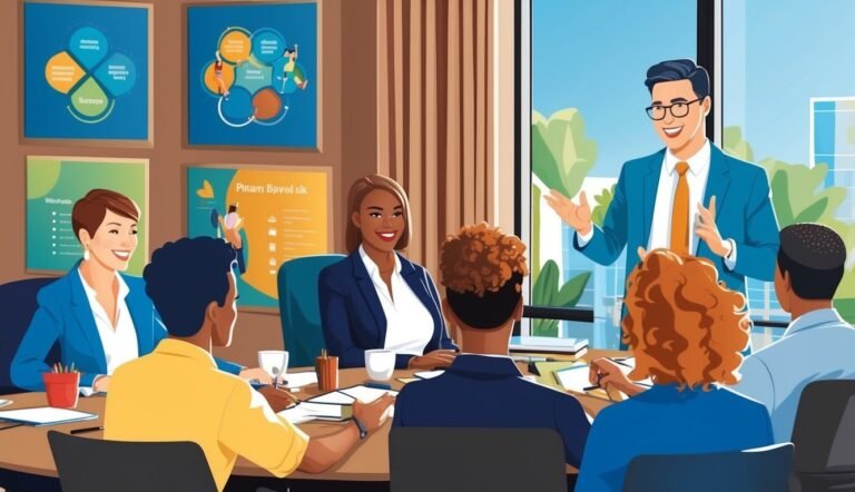 Business meeting with a man presenting to a diverse group of people