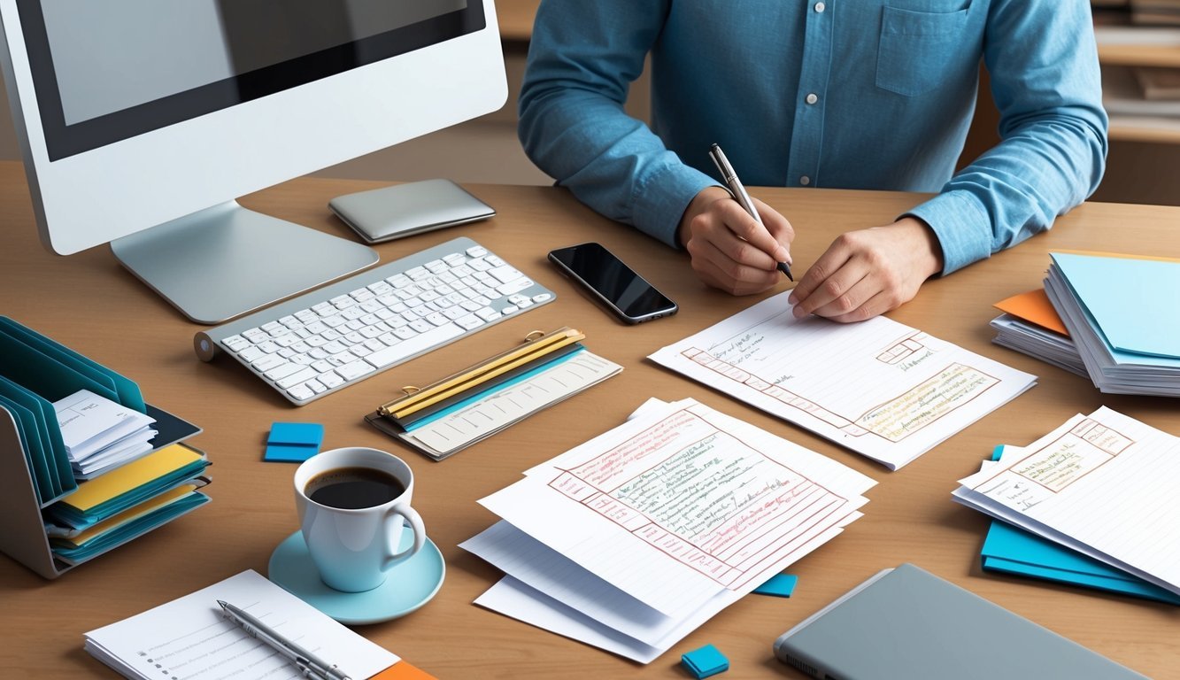 A desk with a computer, files, and a cup of coffee.</p><p>A person is writing notes and organizing papers