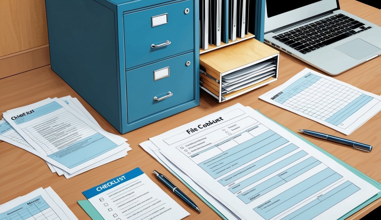 Desk with paperwork, laptop, and a blue filing cabinet