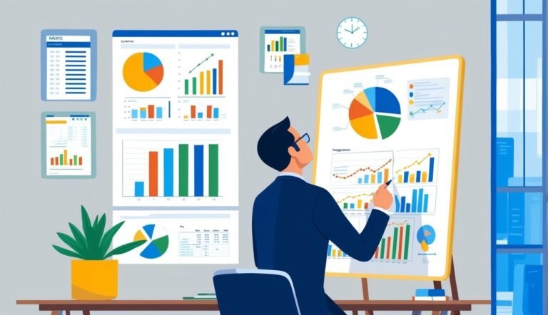 Businessman analyzing charts and graphs on a whiteboard in an office setting