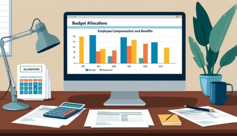 Desktop with computer showing budget allocations chart, calculator, and documents