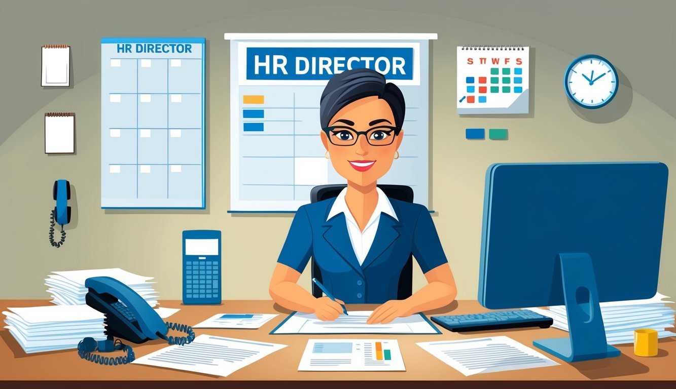 An HR director sitting at a desk, surrounded by paperwork and a computer, with a phone and a calendar on the wall