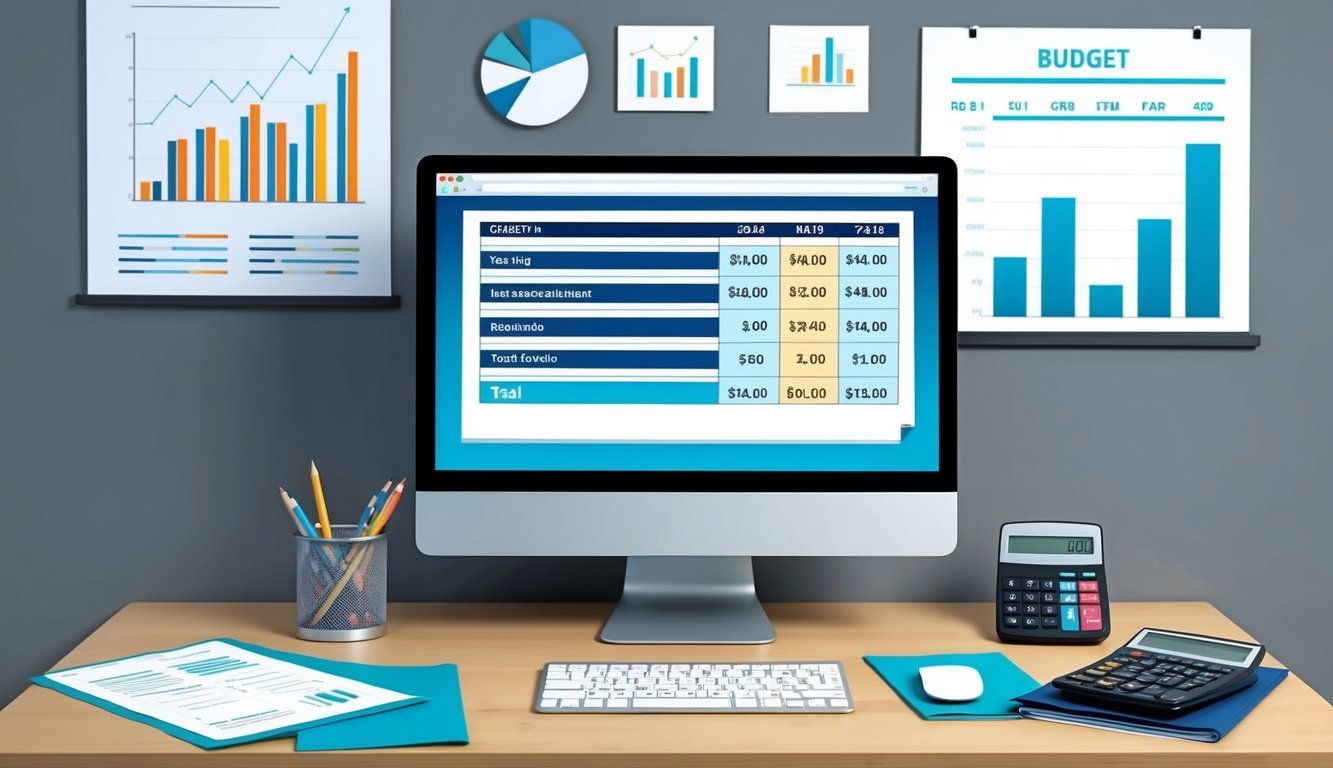 A modern office desk with a computer, calculator, and paperwork.</p><p>Graphs and charts on the wall.</p><p>A budget spreadsheet displayed on the computer screen