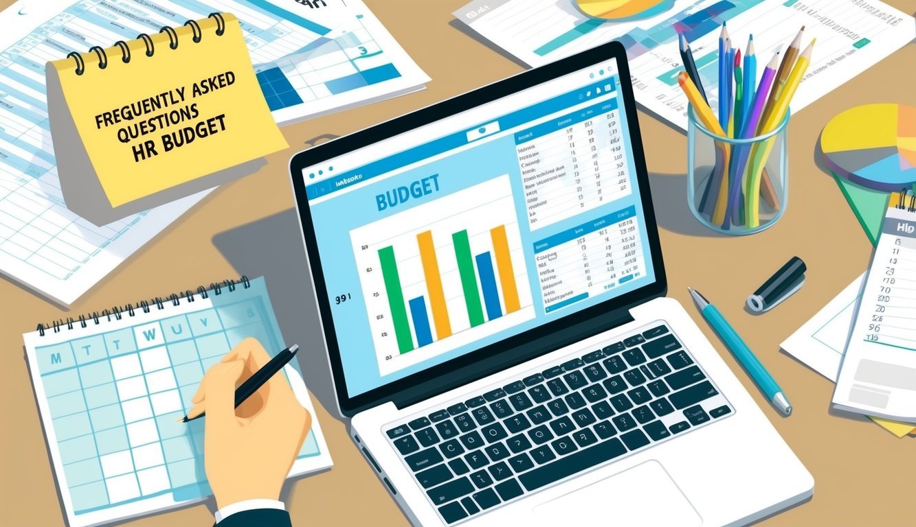 An office desk with a laptop open to a budget spreadsheet, surrounded by scattered papers and a pen.</p><p>A calendar with "Frequently Asked Questions Hr budget" written on a sticky note