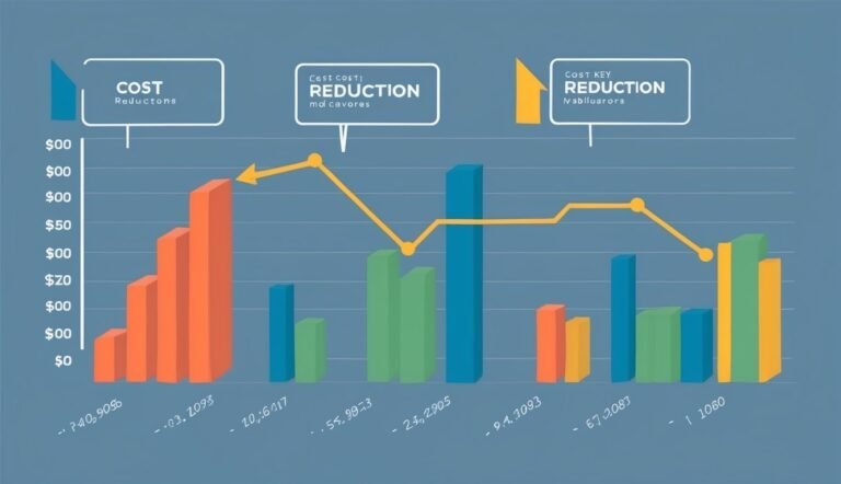 Colorful bar graph illustrating cost reduction over time with a line graph