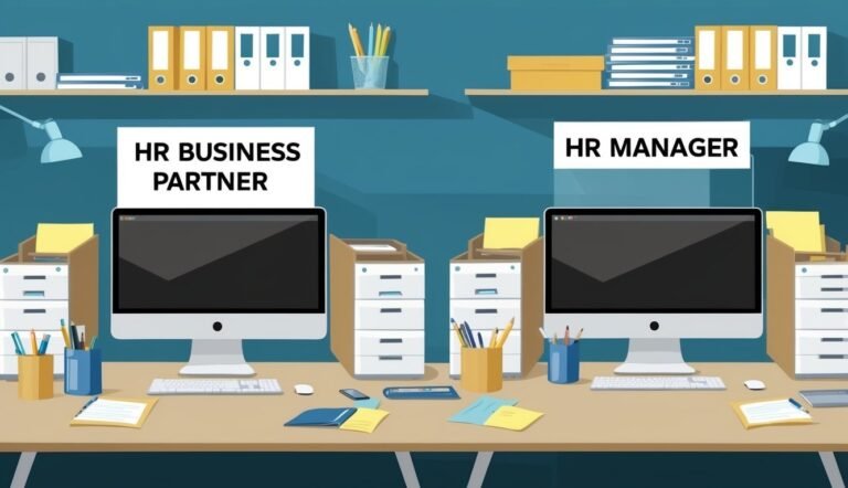 Two desks, one labeled "HR Business Partner" and the other "HR Manager."