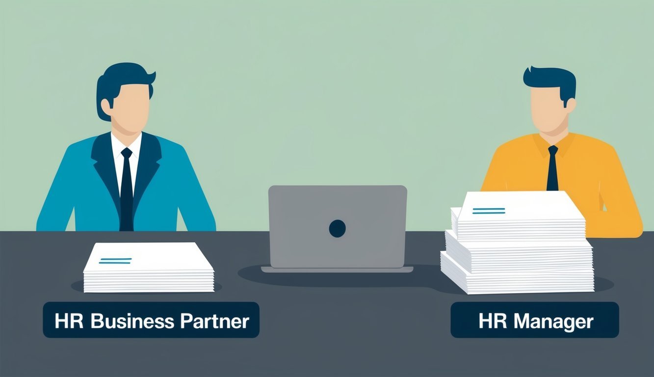 A table with two chairs, one labeled "HR Business Partner" and the other "HR Manager." A stack of papers and a laptop sit on the table