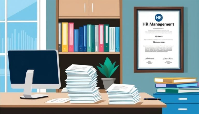 Office desk with computer, HR diploma, stacks of paper, and a bookshelf