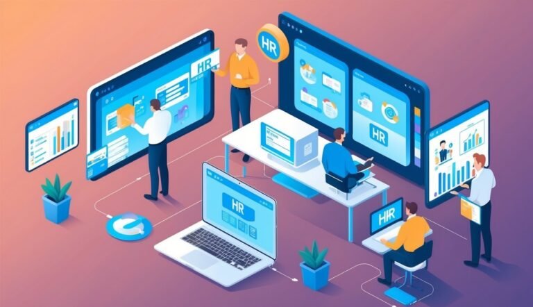 Illustration of HR professionals working with digital devices and data