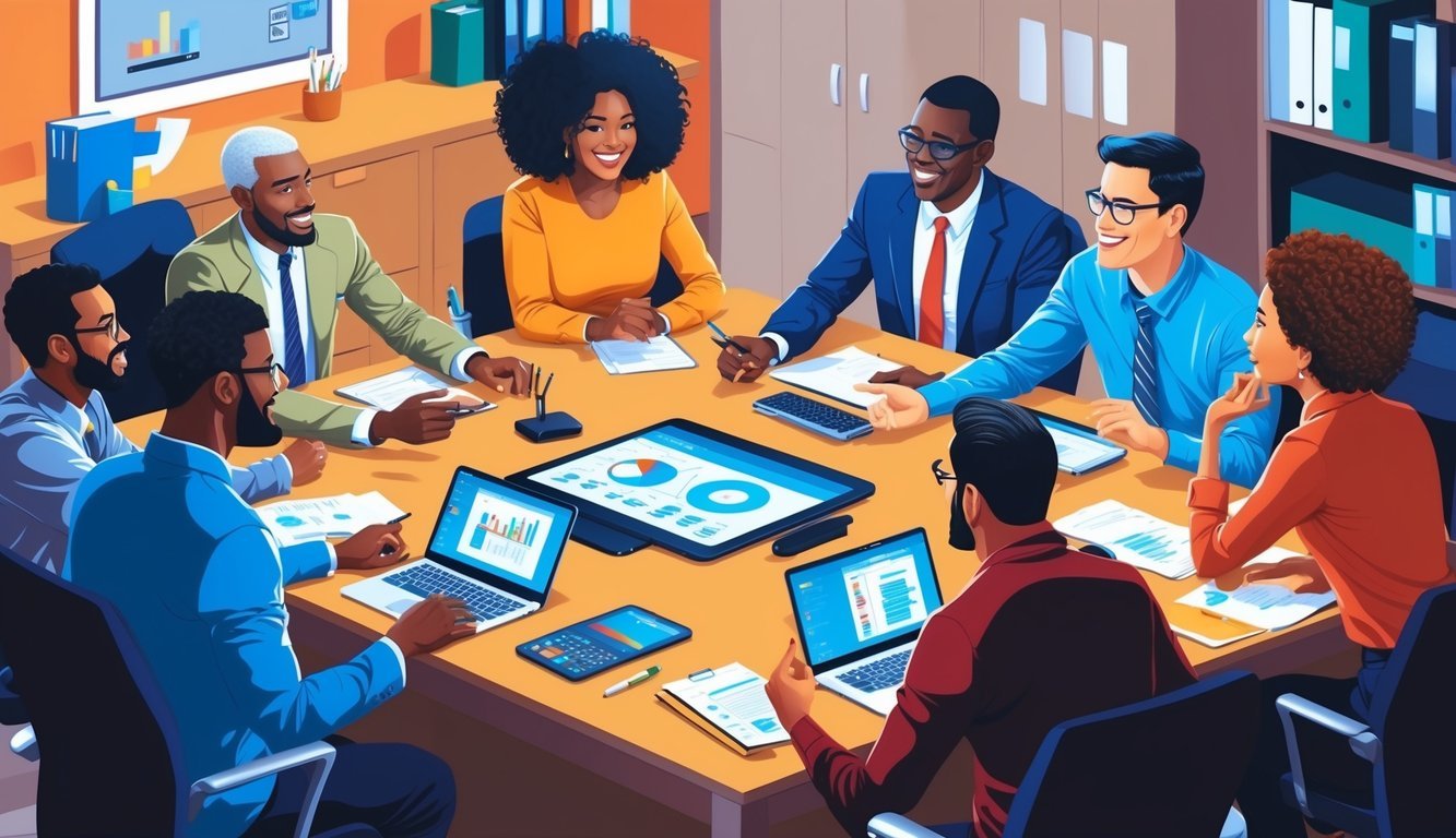 A group of diverse individuals gather around a table, engaged in animated discussion, with technology and office supplies present