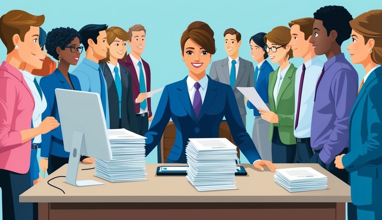 An HR employee at a desk, surrounded by a stack of papers and a computer, with a line of colleagues waiting to ask questions