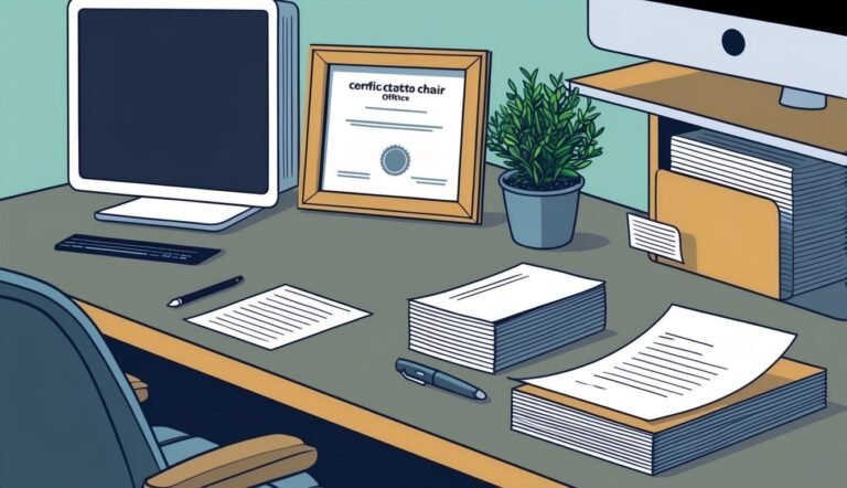 Office desk with computer, certificate, papers, and a small plant
