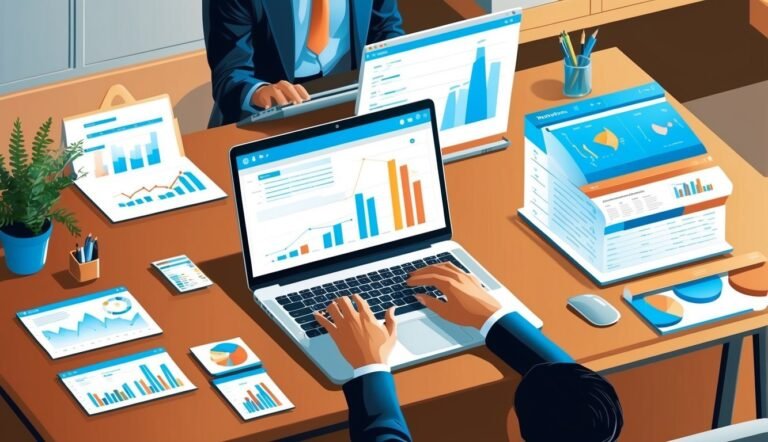 Business people analyzing charts and graphs on laptops and papers