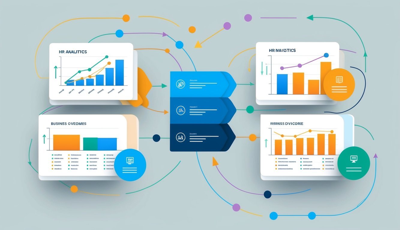 A series of interconnected graphs and charts displaying HR analytics data, with arrows and lines showing the correlation between different business outcomes