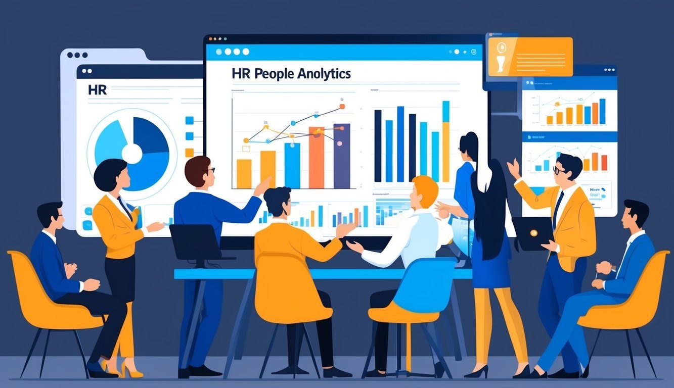 A group of people gathered around a large screen displaying charts and graphs, engaged in a discussion about HR people analytics