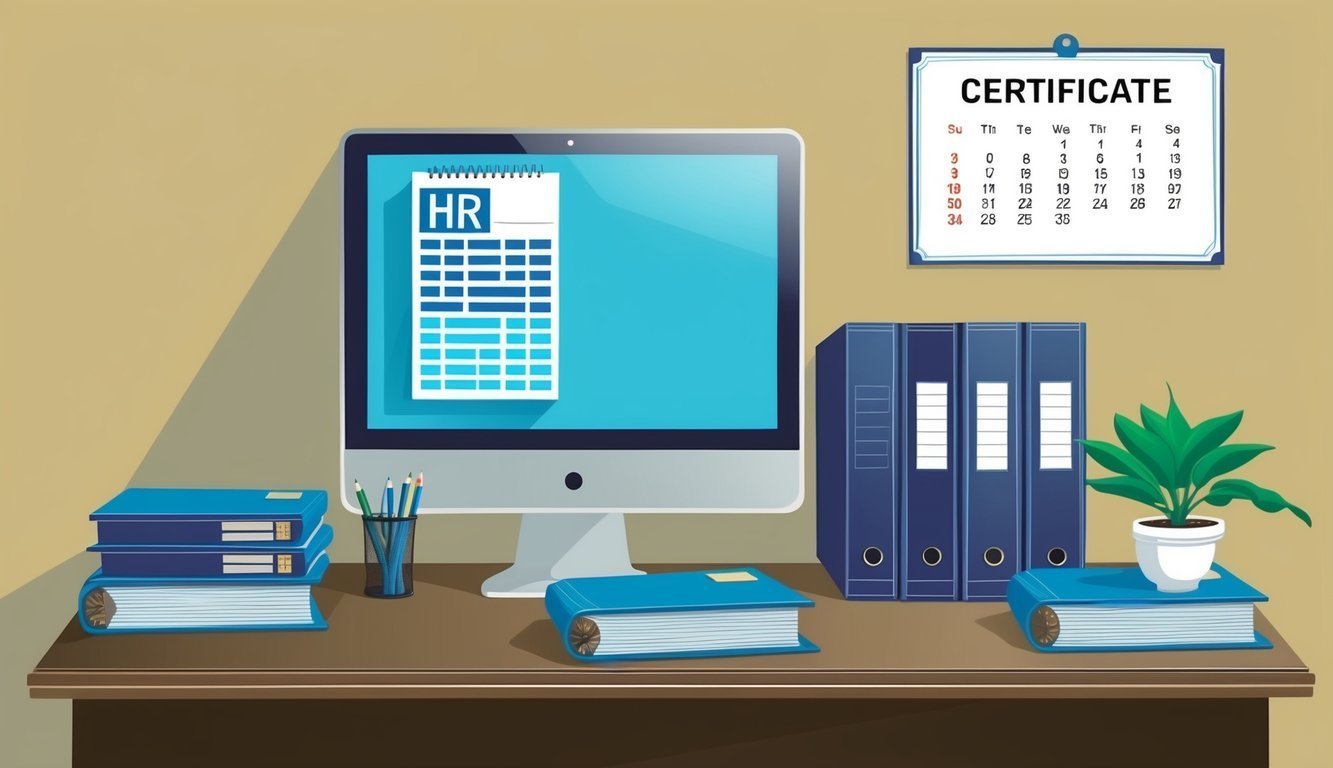 Office desk with computer, books, binders, and a certificate on the wall