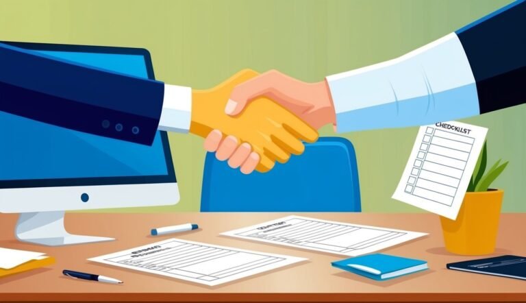 Business deal handshake over a desk with contracts, checklist, and computer