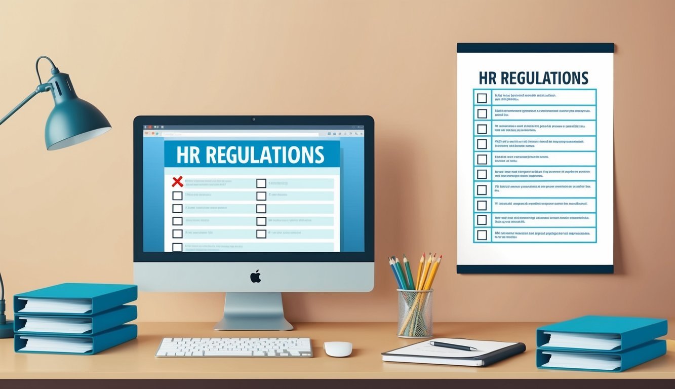 A desk with a computer, files, and a checklist.</p><p>A poster on the wall with HR regulations