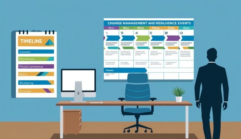 Office scene with a timeline, change management chart, and a person